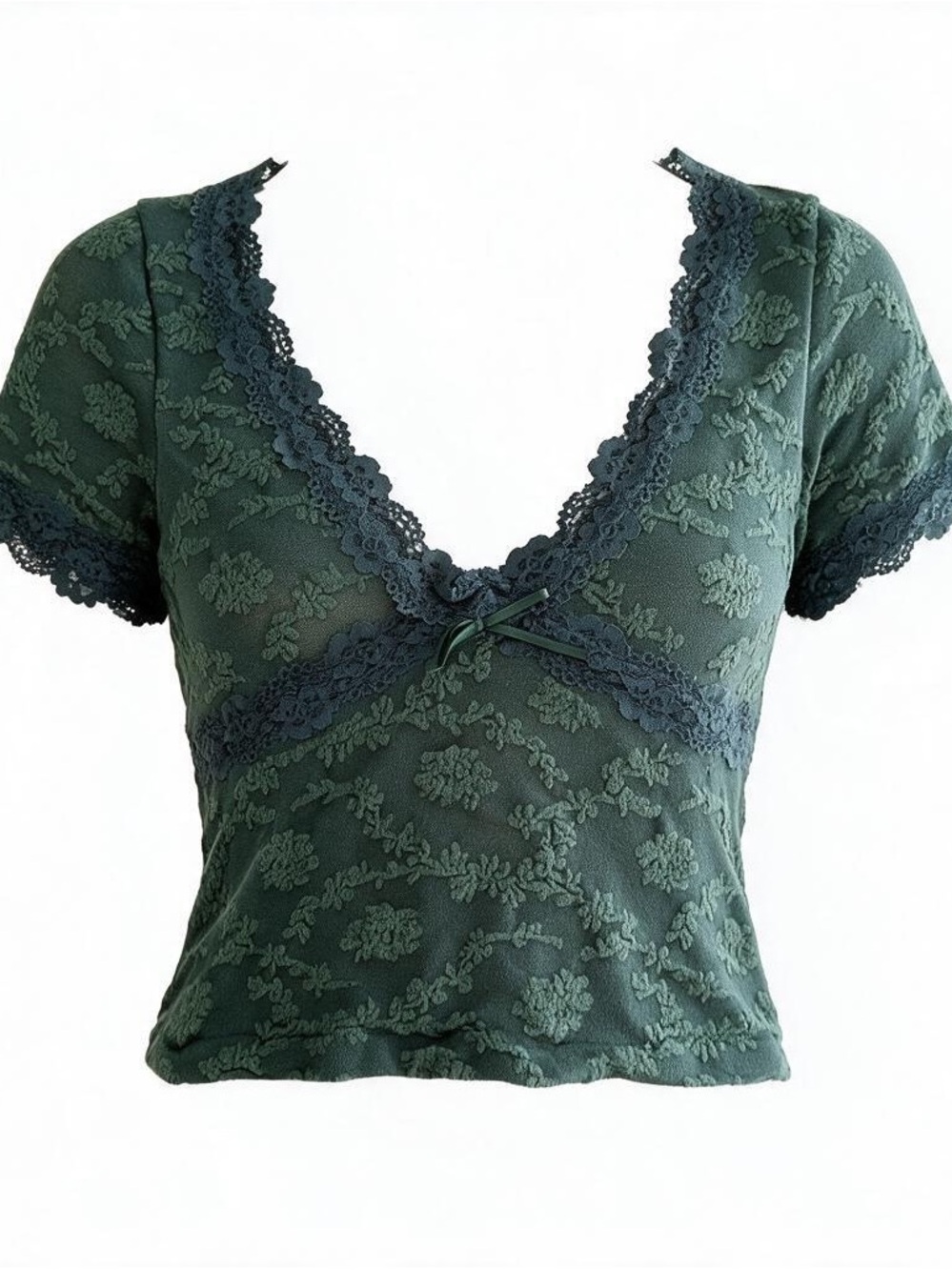 Urban Outfitters Crop Top Tee Womens XS Green Floral Lace Trim VNeck Stretch